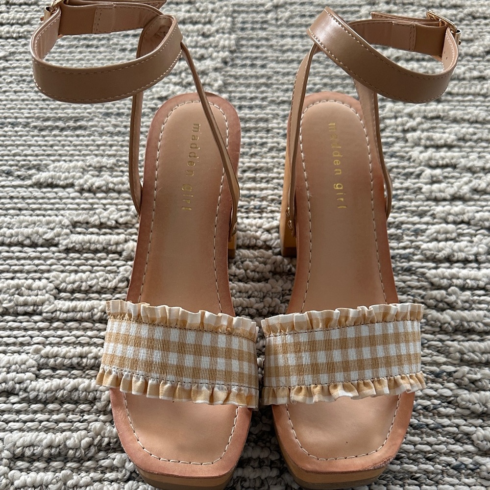 Madden Girl Cream and Tan Gingham Ruffle Ankle-Strap Heels